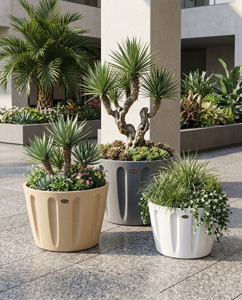Ornate Stone Finish Planter | Matt Round Polymer Pot India - Decora